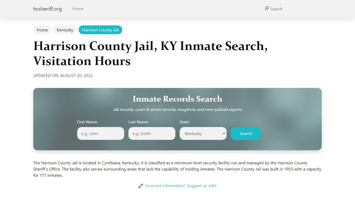 Harrison County Jail, KY Inmate Search, Visitation Hours
